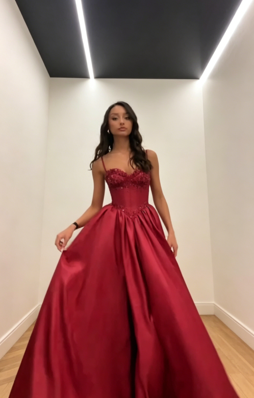 Elegantes burgunderrotes Ballkleid, Spaghettiträger A-Linien-Satin-Abendkleid DP05791