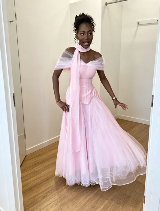 Schickes rosafarbenes Ballkleid, schulterfreies Etui-Tüll-Abendkleid DP05792