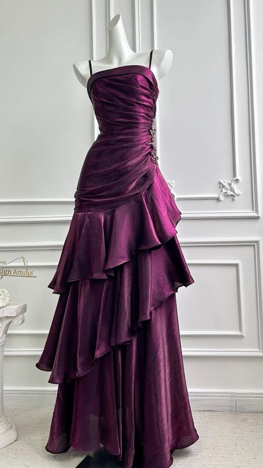 Elegantes lila Ballkleid, Spaghettiträger Etui Chiffon Langes Abendkleid DP05793