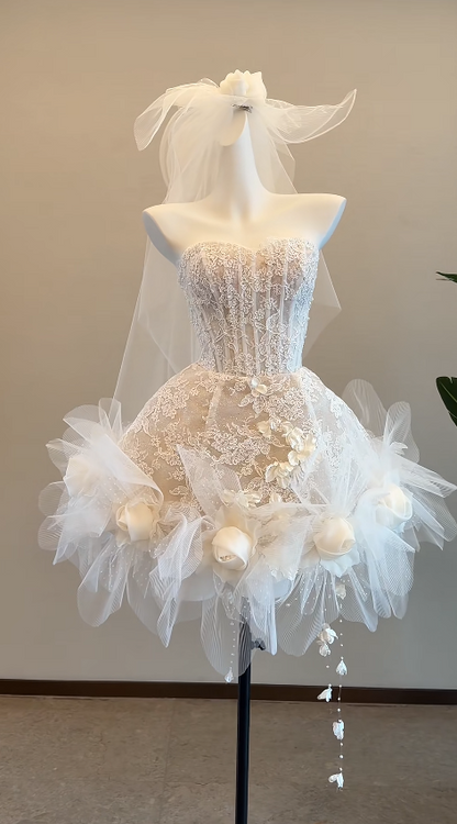 Classy Strapless A-Line Wedding Dress Lace Applique Bridal Dress White Bridal Gown DP05796