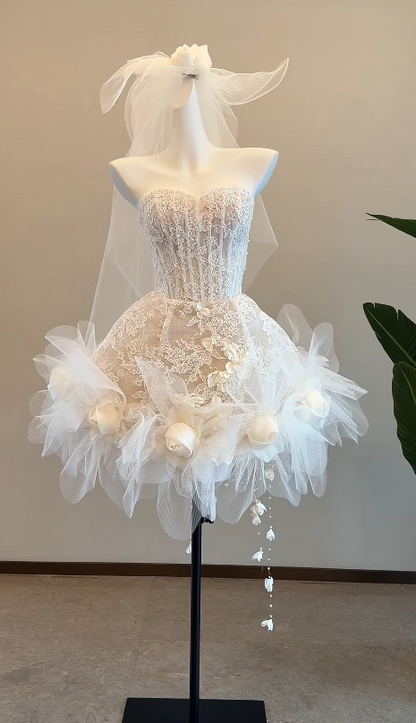 Classy Strapless A-Line Wedding Dress Lace Applique Bridal Dress White Bridal Gown DP05796