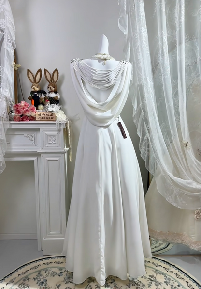 Classy V-neck A-Line Wedding Dress Chiffon Bridal Dress White Bridal Gown DP05797