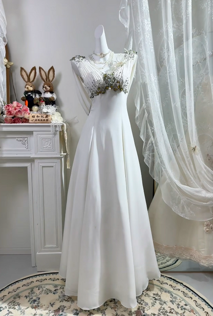 Classy V-neck A-Line Wedding Dress Chiffon Bridal Dress White Bridal Gown DP05797