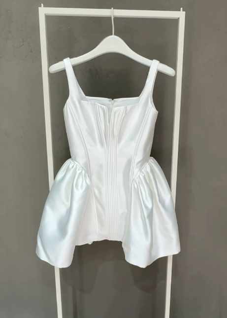 Chic White Homecoming Dress Straps A-Line Satin Short Prom Dress Sleeveless Graduation Party Dress DP05802