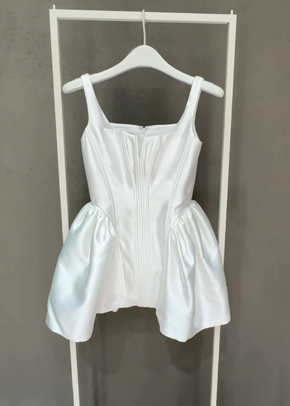 Chic White Homecoming Dress Straps A-Line Satin Short Prom Dress Sleeveless Graduation Party Dress DP05802
