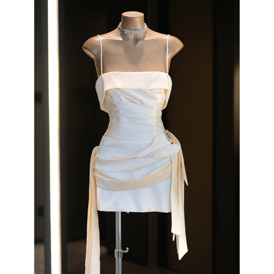 Chic Champagne Homecoming Dress Spaghetti Straps Sheath Satin Short Prom Dress Sleeveless Graduation Party Dress DP05805