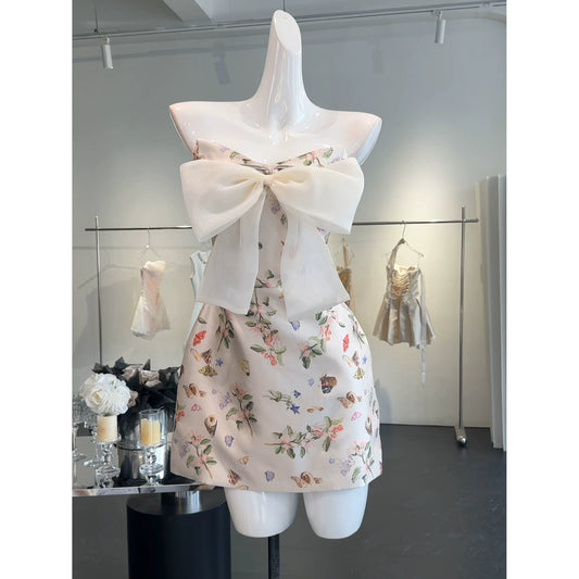 Chic Floral Homecoming Dress Strapless Sheath Satin Short Prom Dress Sleeveless Graduation Party Dress DP05807