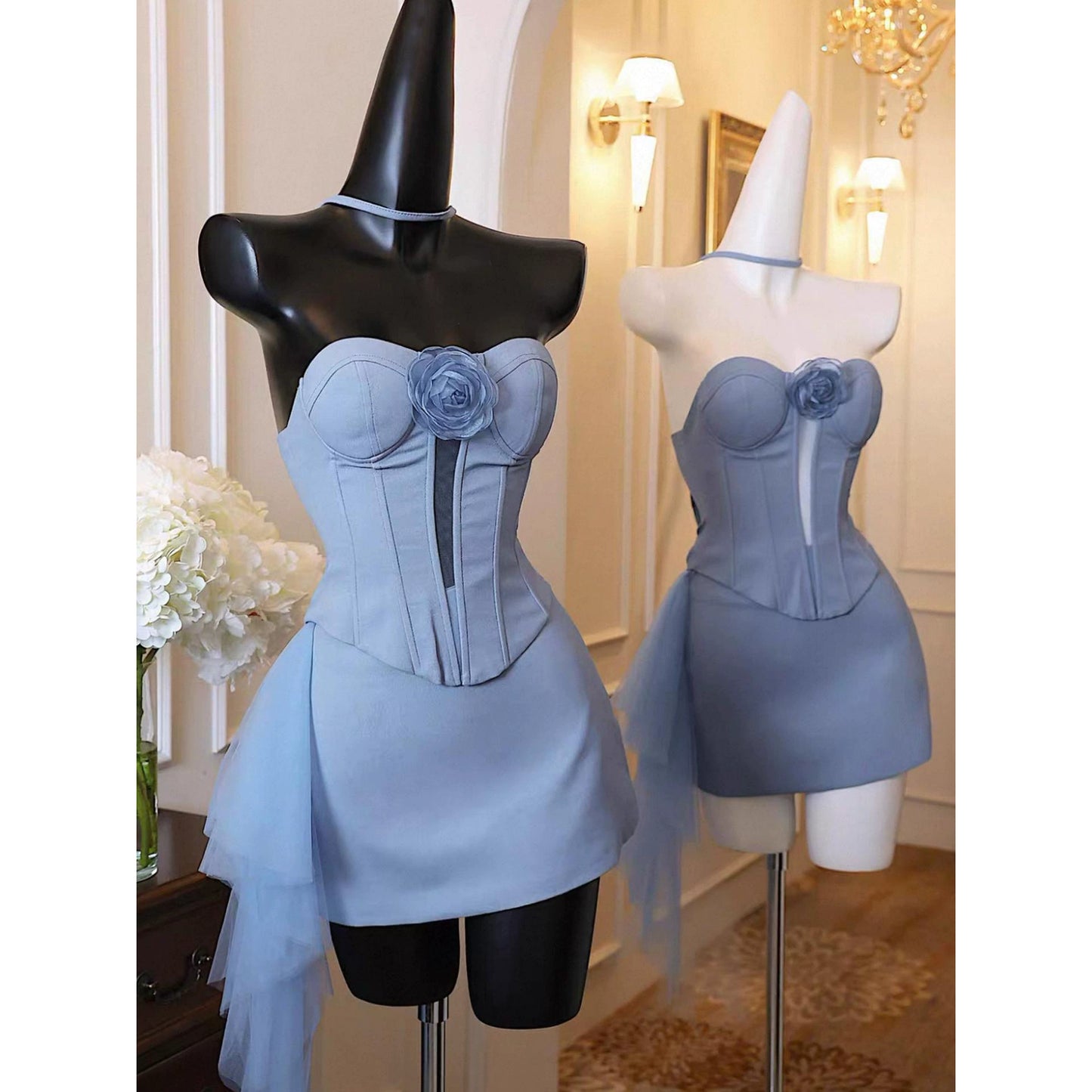 Chic Blue Homecoming Dress Sweetheart  Sheath Satin Short Prom Dress Sleeveless Graduation Party Dress DP05808