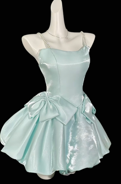 Fashion Spaghetti Straps Short Summer Dress Satin A-Line Beach Party Dress Sleeveless Blue Birthday Dress DP05817