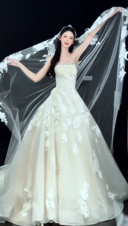 Modest Strapless A-Line Wedding Dress Tulle Applique Bridal Gown White Bridal Dress DP05822