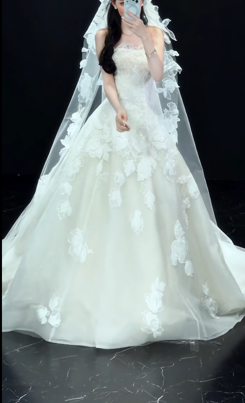 Modest Strapless A-Line Wedding Dress Tulle Applique Bridal Gown White Bridal Dress DP05822