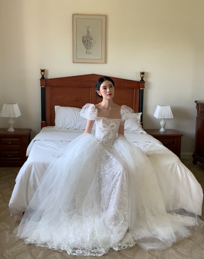 Modest Square A-Line Wedding Dress Lace Applique Bridal Gown White Bridal Dress DP05823
