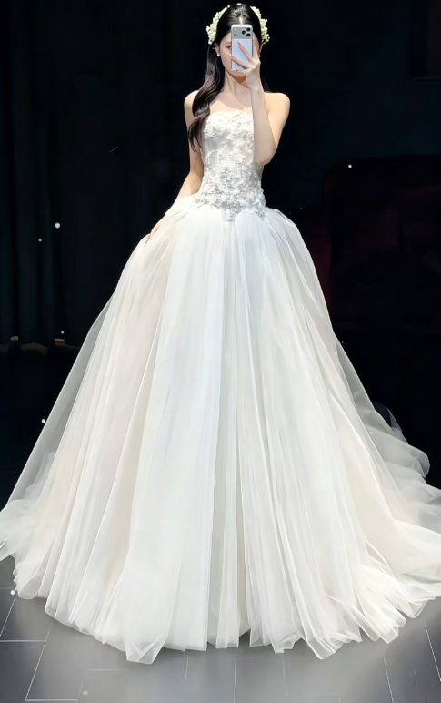 Modest Strapless A-Line Wedding Dress Tulle Applique Bridal Gown White Bridal Dress DP05827