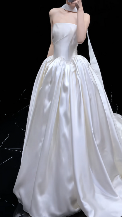 Timeless Strapless A-Line Wedding Dress Satin Bridal Gown White Bridal Dress DP05828