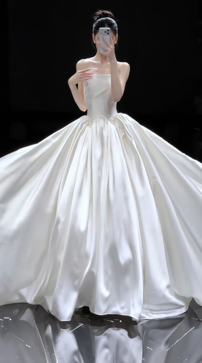 Timeless Strapless A-Line Wedding Dress Satin Bridal Gown White Bridal Dress DP05828