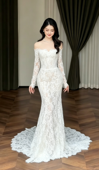Timeless Off-shoulder Mermaid Wedding Dress Lace Bridal Gown White Bridal Dress DP05829