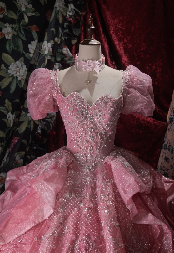 Gorgeous Ball Gown Tulle Quinceanera Dress Applique Pink Sweet 16 Dress DP05831