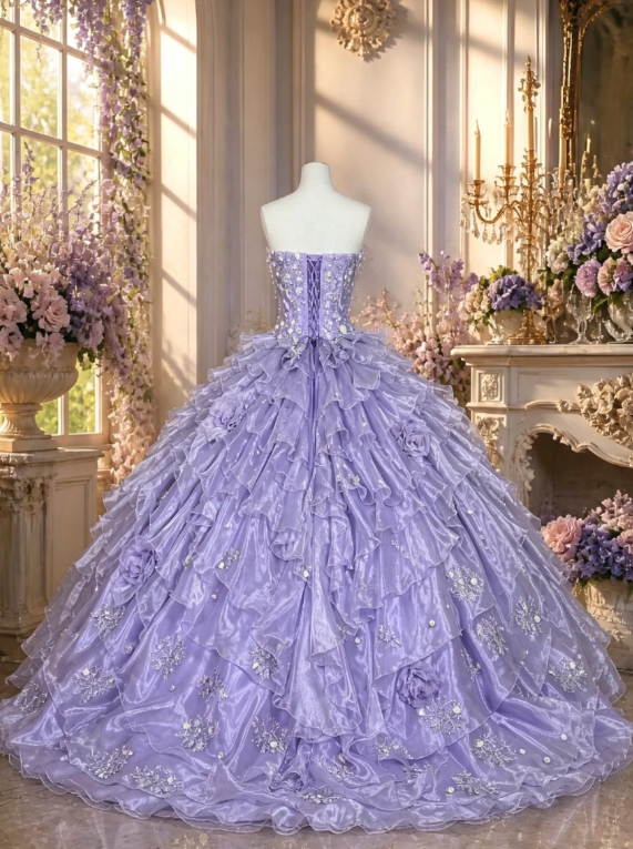 Magnifique Robe de Bal Bustier en Tulle, Robe de Quinceañera Appliquée Lilas, Robe de Soirée 16 Ans DP05832