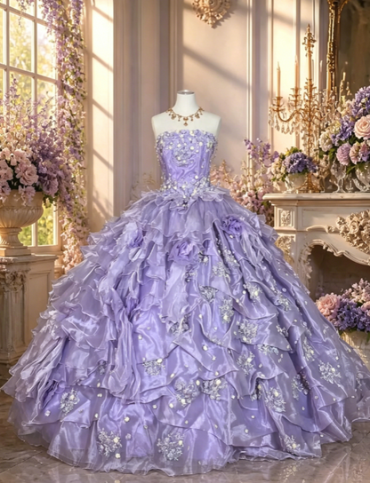 Magnifique Robe de Bal Bustier en Tulle, Robe de Quinceañera Appliquée Lilas, Robe de Soirée 16 Ans DP05832