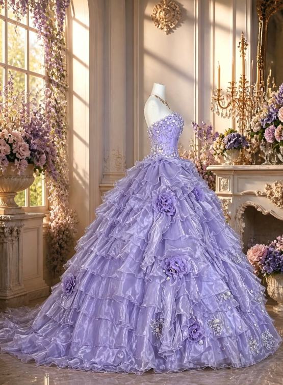 Magnifique Robe de Bal Bustier en Tulle, Robe de Quinceañera Appliquée Lilas, Robe de Soirée 16 Ans DP05832