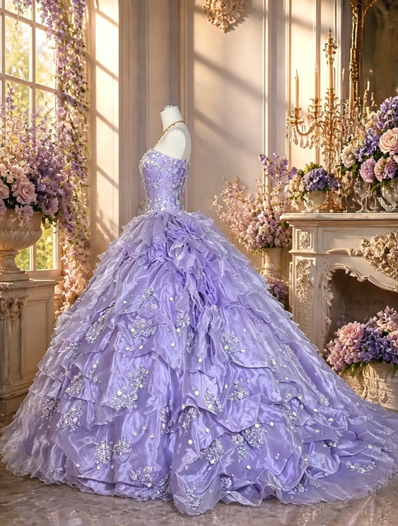 Magnifique Robe de Bal Bustier en Tulle, Robe de Quinceañera Appliquée Lilas, Robe de Soirée 16 Ans DP05832