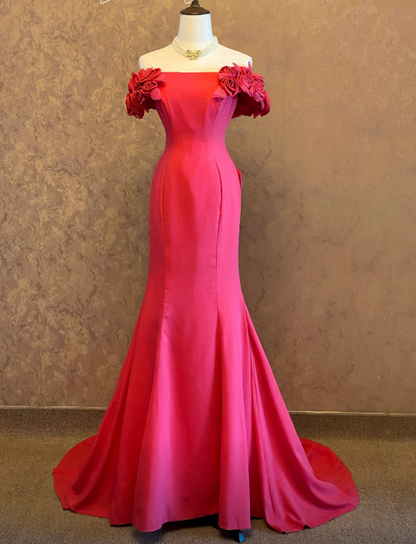 Elegant Off-shoulder Mermaid Chiffon Long Evening Dress Pink Mother Of Bride Dress DP05833