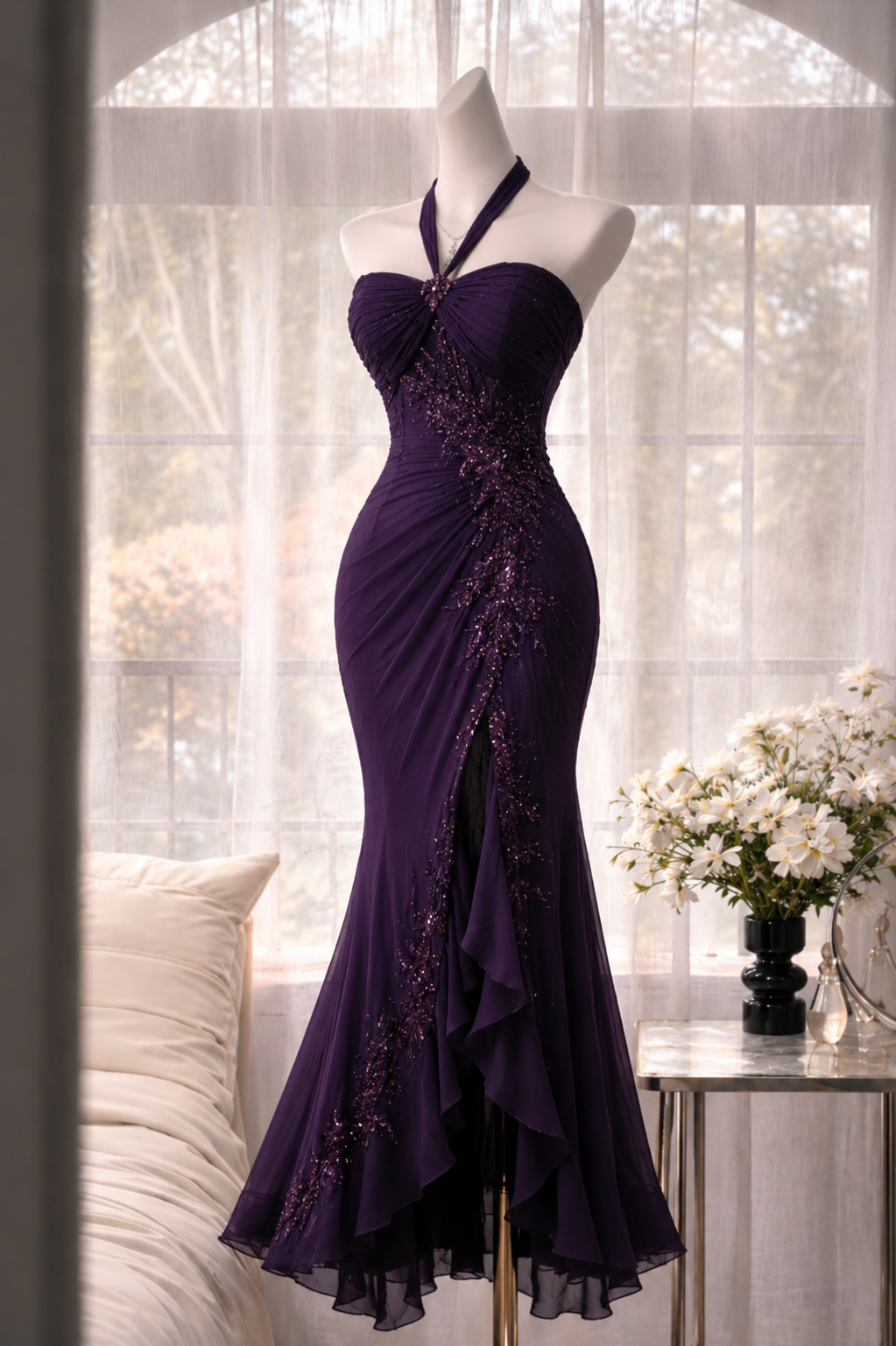 Élégante Robe de Soirée Longue Sirène en Mousseline de Soie Perles sans Manches Violette Robe Mère de la Mariée DP05836