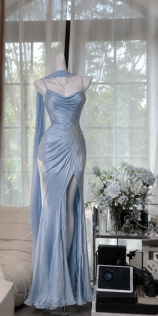 Elegant Spaghetti Straps Sheath Chiffon Long Evening Dress with Slit Blue Prom Dress DP05837