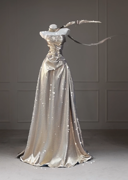 Elegant Strapless A-Line Metallic Satin Long Evening Dress  DP05838
