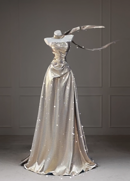 Elegant Strapless A-Line Metallic Satin Long Evening Dress  DP05838