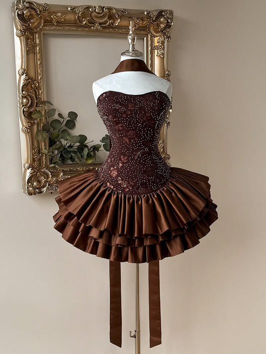 Sweet Brown Short Homecoming Dress Sweetheart A-Line Satin Birthday Dress Sleeveless Party Dress  DP05844
