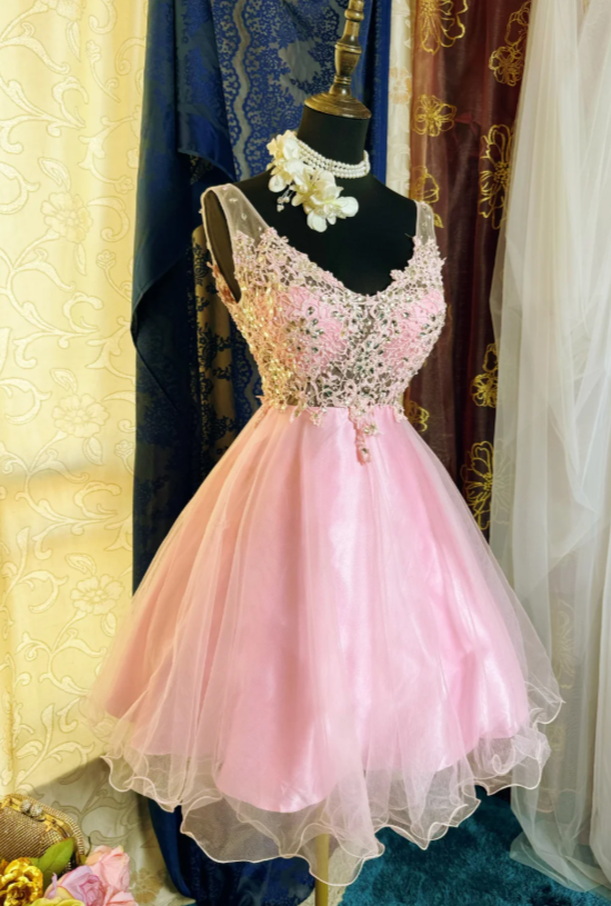 Chic Pink Short Homecoming Dress V-neck A-Line Tulle Birthday Dress Sleeveless Party Dress  DP05859