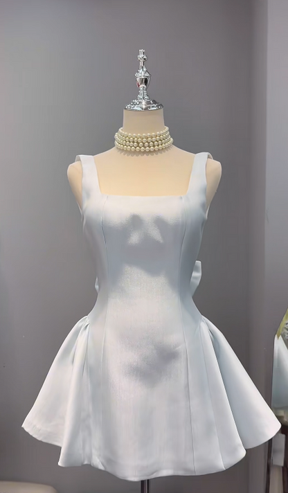 Chic Blue Short Homecoming Dress Straps A-Line Satin Birthday Dress Sleeveless Party Dress  DP05861