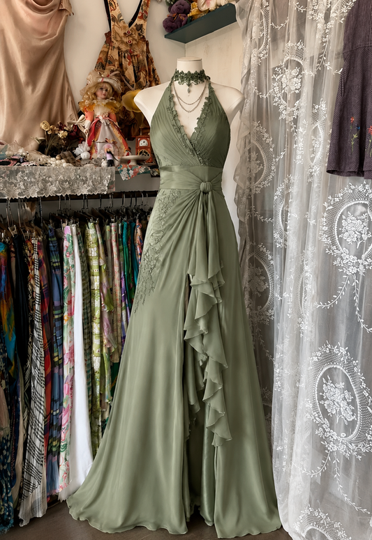 Chic Sage Prom Dress Halter Sheath Chiffon Long Evening Dress DP05867