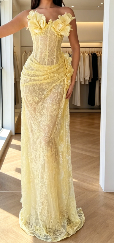 Chic Yellow Prom Dress Sweetheart Sheath Lace Long Evening Dress DP05868