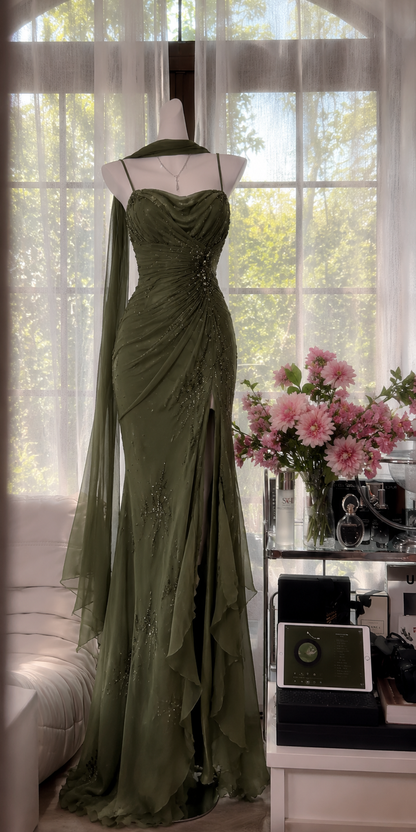 Chic Dark Green Prom Dress Spagehtti Straps Sheath Beaded Chiffon Long Evening Dress DP05870