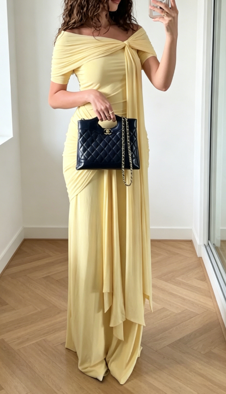 Simple Yellow Wedding Guest Dress Off-shoulder Sheath Chiffon Long Evening Dress DP05871