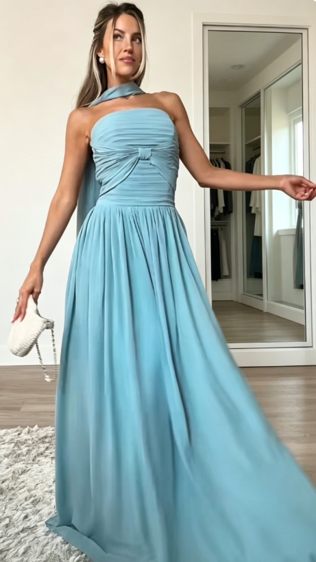 Simple Blue Wedding Guest Dress Strapless Sheath Chiffon Long Evening Dress DP05874