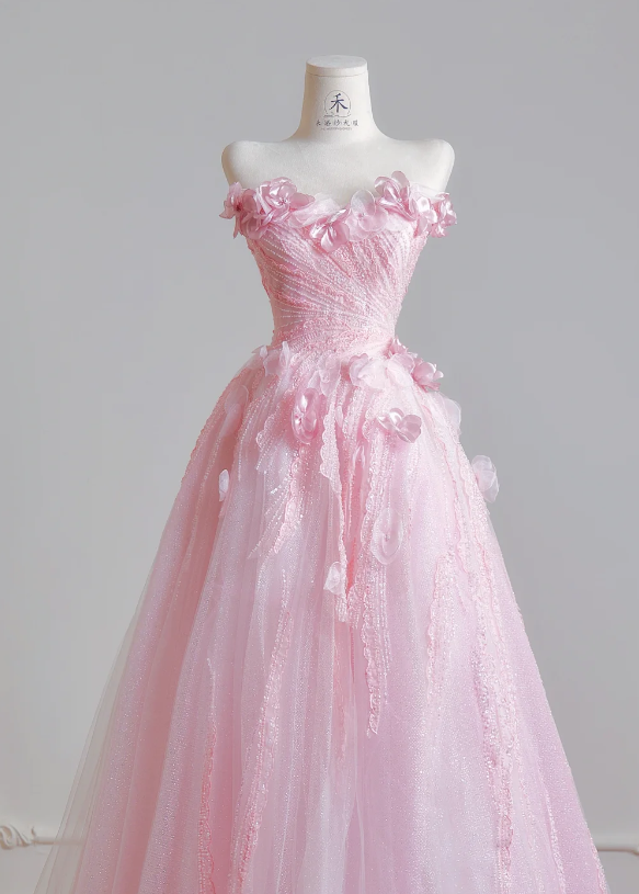Gorgeous Pink Sweet 16 Dress Strapless Long Evening Dress A-Line Tulle Prom Dress DP05875
