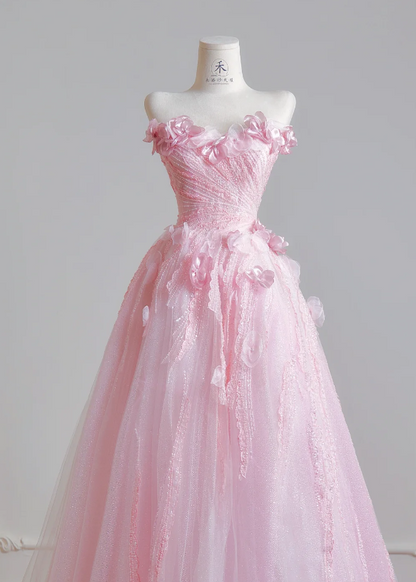 Gorgeous Pink Sweet 16 Dress Strapless Long Evening Dress A-Line Tulle Prom Dress DP05875