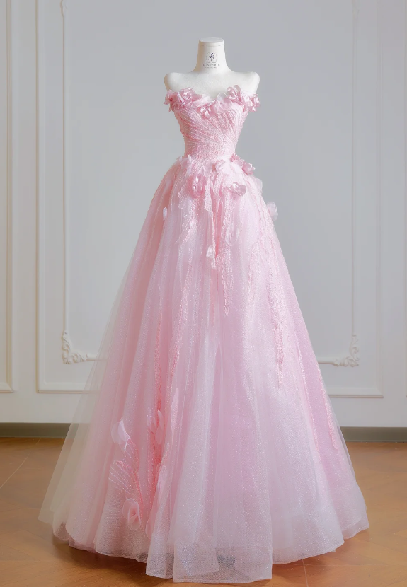 Gorgeous Pink Sweet 16 Dress Strapless Long Evening Dress A-Line Tulle Prom Dress DP05875
