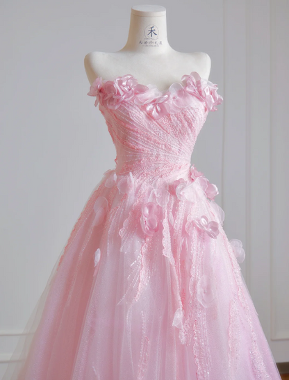 Gorgeous Pink Sweet 16 Dress Strapless Long Evening Dress A-Line Tulle Prom Dress DP05875
