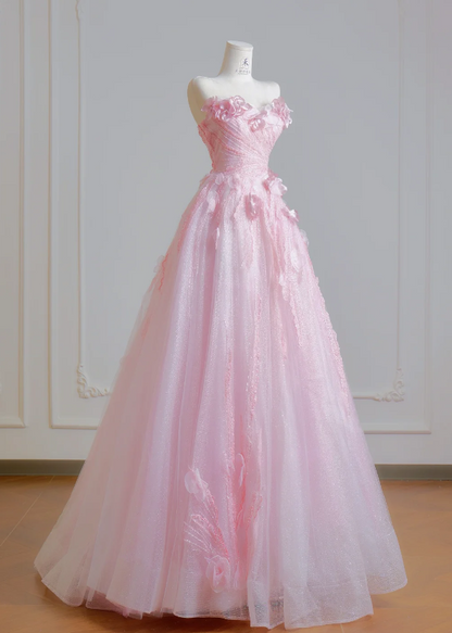 Gorgeous Pink Sweet 16 Dress Strapless Long Evening Dress A-Line Tulle Prom Dress DP05875