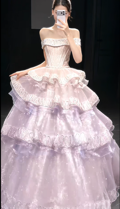 Gorgeous Purple Sweet 16 Dress Off-shoulder Long Evening Dress A-line Tulle Applique Prom Dress DP05880