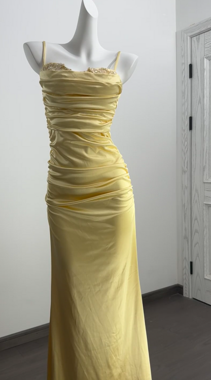 Elegant Yellow Prom Dress Spaghetti Straps Sheath Satin Long Evening Dress DP05884