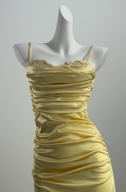 Elegant Yellow Prom Dress Spaghetti Straps Sheath Satin Long Evening Dress DP05884