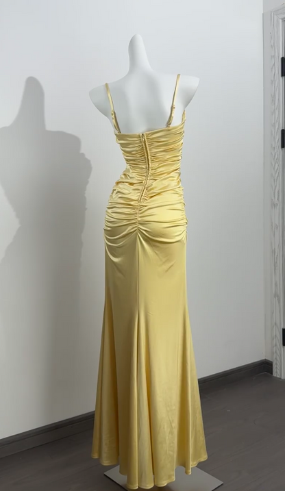 Elegant Yellow Prom Dress Spaghetti Straps Sheath Satin Long Evening Dress DP05884