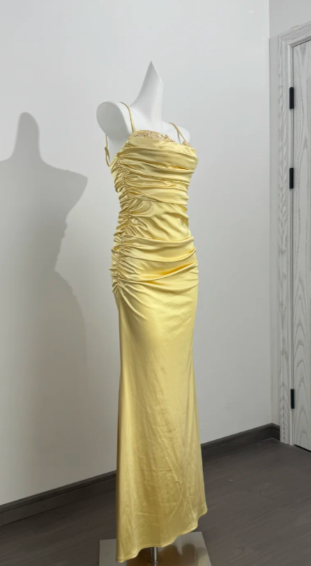 Elegant Yellow Prom Dress Spaghetti Straps Sheath Satin Long Evening Dress DP05884