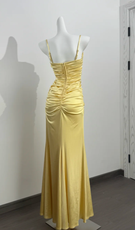 Elegant Yellow Prom Dress Spaghetti Straps Sheath Satin Long Evening Dress DP05884