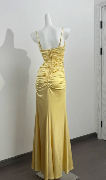 Elegant Yellow Prom Dress Spaghetti Straps Sheath Satin Long Evening Dress DP05884